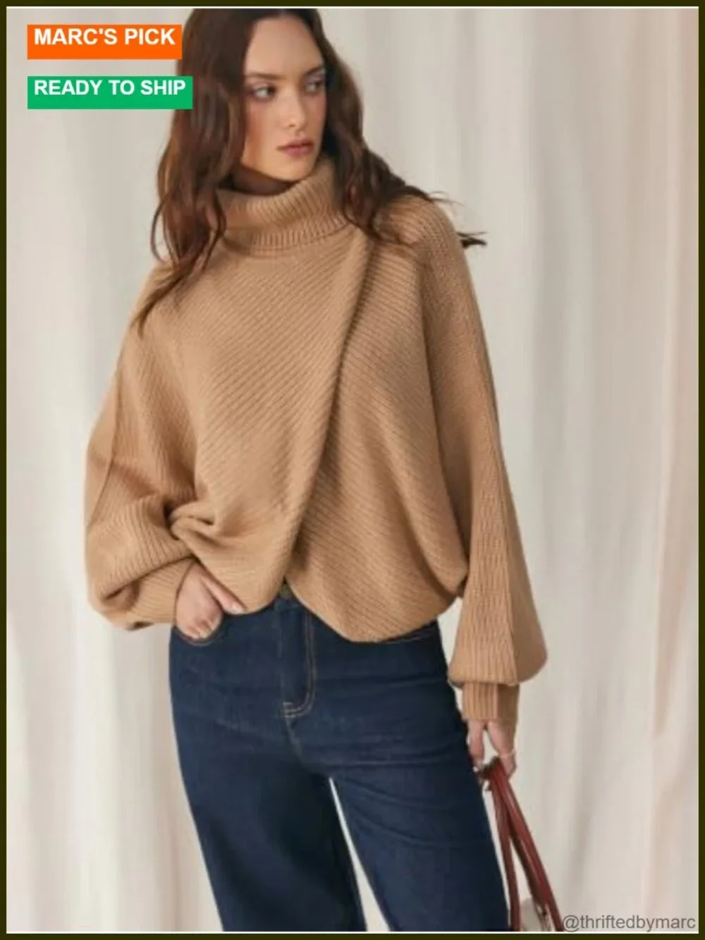 Womens Cropped Turtleneck Sweater Lantern Sleeve High Neck Knit Pullover